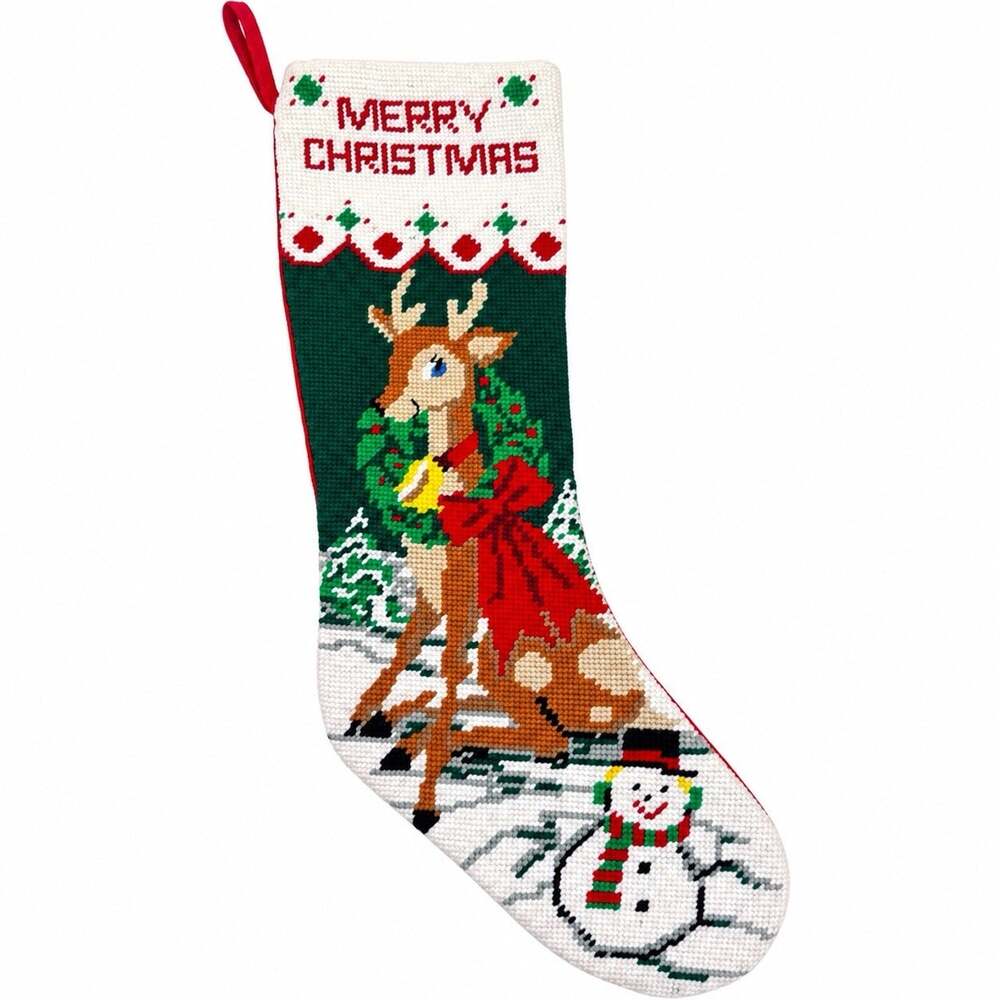 Vintage Needlepoint Christmas Stocking Merry Christmas Reindeer Snowman 20.5"